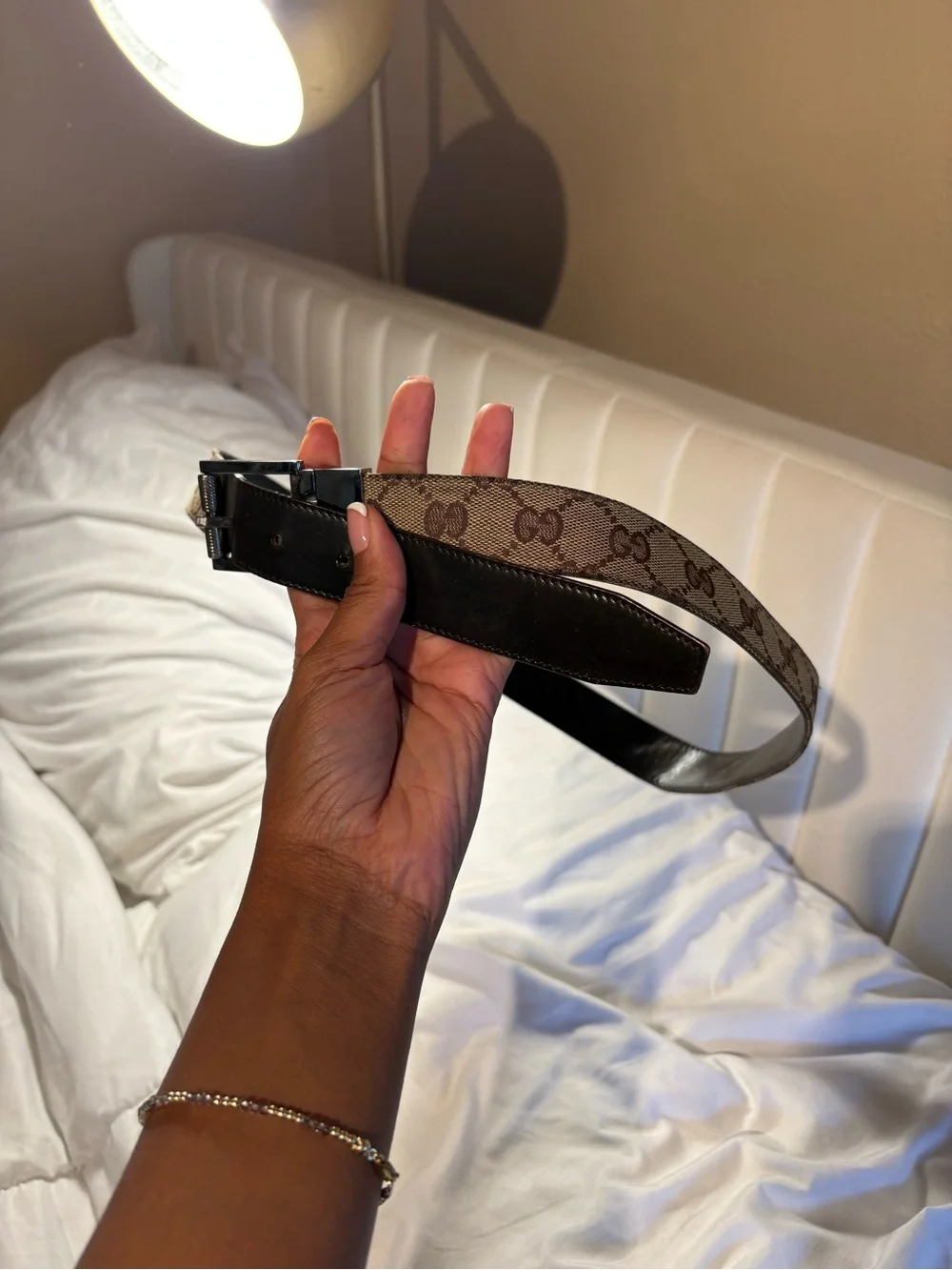 Gucci Reversible Monogram and Black Leather Belt with Silver Buckle